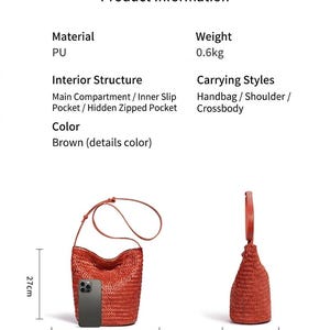 Op de afbeelding: Bruine handtas met een geweven textuur, voorzien van een schouderriem en een handvat. De tas is 27 cm hoog, met een bovenlengte van 28 cm en een onderlengte van 20 cm. Gewicht: 0,6 kg. Kan als handtas, schoudertas of crossbody worden gedragen.