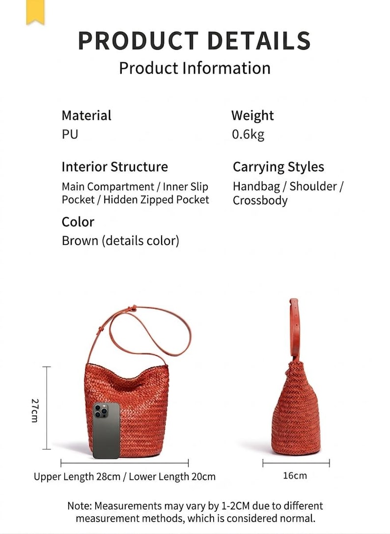 Op de afbeelding: Bruine handtas met een geweven textuur, voorzien van een schouderriem en een handvat. De tas is 27 cm hoog, met een bovenlengte van 28 cm en een onderlengte van 20 cm. Gewicht: 0,6 kg. Kan als handtas, schoudertas of crossbody worden gedragen.