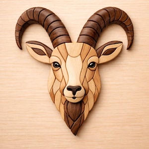 May include: Wooden wall art depicting a goat's head with a mosaic design. The goat has large, curved brown horns, light brown and beige facial features, and dark eyes. The artwork is mounted on a light wood surface.