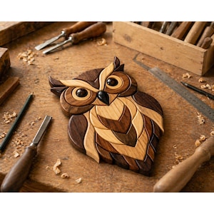 May include: A wooden owl sculpture with a mosaic design in shades of brown and tan. The owl is surrounded by woodworking tools and wood shavings. The craftwork is likely made using a variety of chisels and other tools.