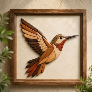 Kolibri-Intarsien-Holzbearbeitungsmuster | Laubsägevorlage für Vogelkunst | 3D-Holzkunst (Digitaler Download)