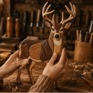 May include: A handcrafted wooden deer sculpture with intricate details. The deer features a multi-toned brown color scheme, with lighter shades on the chest and darker shades on the back. The antlers are a lighter wood tone. The sculpture is held by hands.