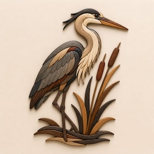 Könnte beinhalten: Holzskulptur eines Reihers mit detailliertem Design. Der Vogel wird in der Nähe von Schilf und Schilf dargestellt, mit einer Farbpalette aus Braun-, Grau- und Beigetönen. Das Kunstwerk ist wahrscheinlich ein dekoratives Stück.