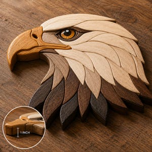 Op de afbeelding: Een houten wanddecoratie in de vorm van een Amerikaanse zeearendkop, gemaakt van gelaagde houtsegmenten in verschillende tinten bruin en crème. De adelaar heeft een gedetailleerd oog en een gebogen snavel. Een inzet toont 2,54 cm dikte.