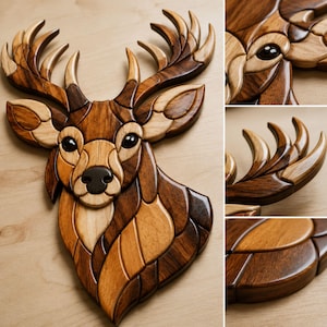 May include: Wooden deer head wall art. The deer head is crafted from various shades of wood, including light and dark browns. The antlers are a darker brown, and the eyes are black. The piece is made from multiple wood pieces.