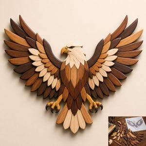 Puede incluir: Una obra de arte mural de madera con forma de águila con las alas extendidas. El águila está hecha de varias tonalidades de madera, incluyendo marrón claro, marrón medio y marrón oscuro. La cabeza del águila es de color marrón claro con un pico amarillo.