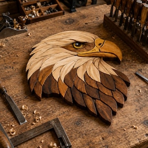 May include: A wooden wall art piece shaped like the head of a bald eagle, constructed from multiple layered segments of wood in varying shades of light, medium, and dark brown, featuring a detailed eye and a curved beak with a smooth finish.