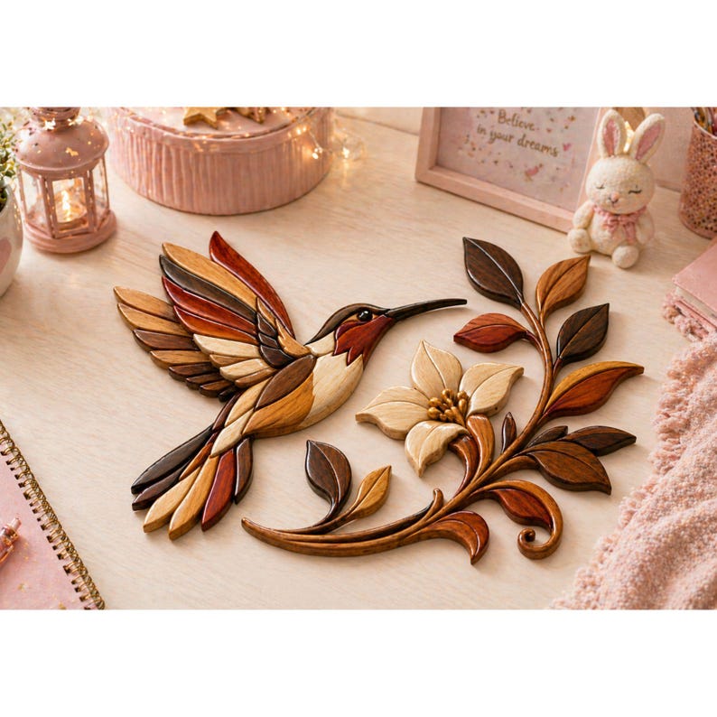 Hummingbird Inlay Work Hummingbird Intarsia Pattern | Wood Inlay Design | Scroll Saw Pattern ...