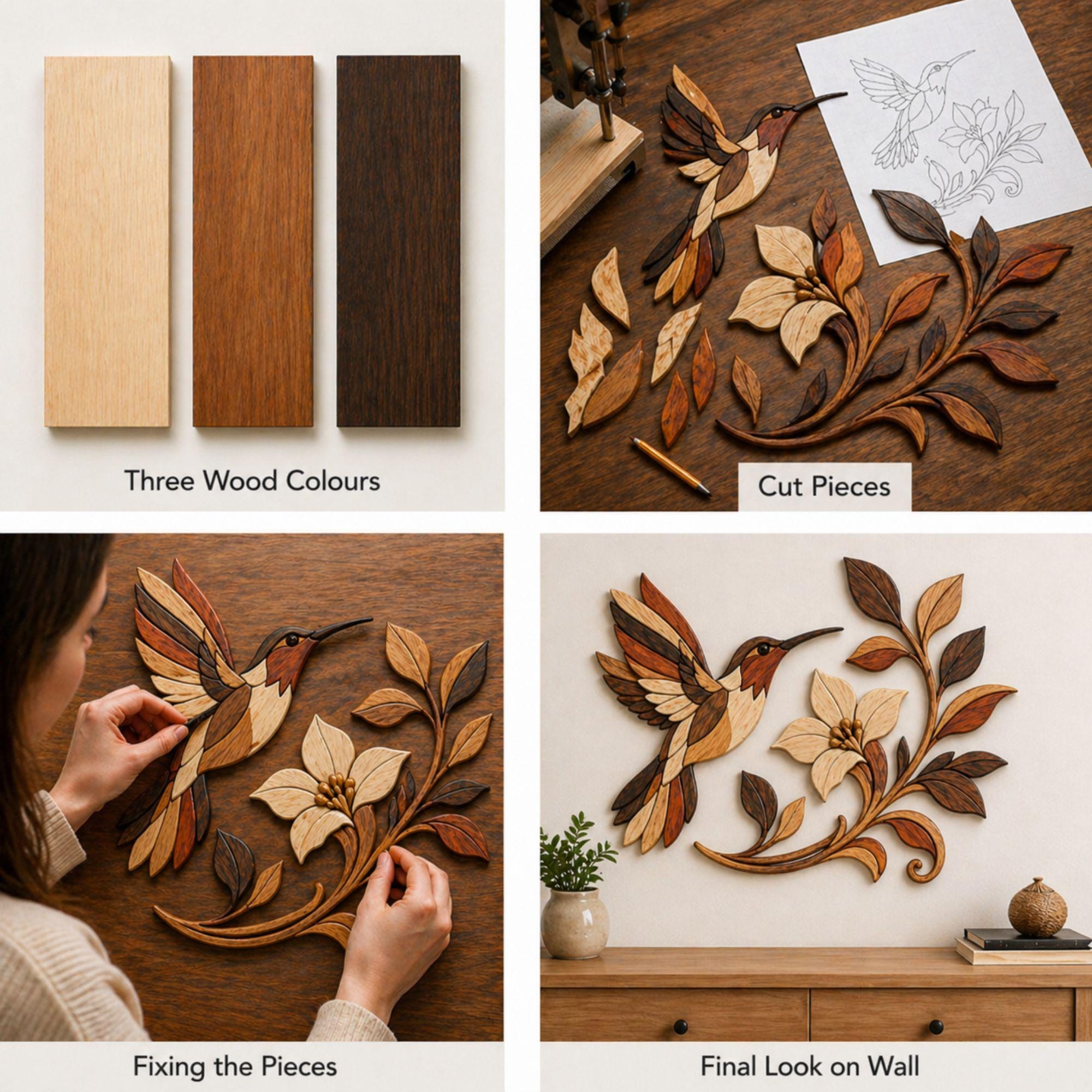 Hummingbird Inlay Work Hummingbird Intarsia Pattern | Wood Inlay Design | Scroll Saw Pattern ...