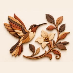 Pode incluir: Decoração de parede de madeira com um beija-flor, uma flor e folhas. O beija-flor é feito de vários tons de madeira, incluindo castanhos claros e escuros, e castanho avermelhado. A flor é creme com um centro dourado, e as folhas são castanhas.