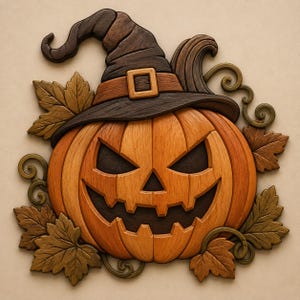 May include: A wooden wall decoration featuring a carved orange pumpkin with a jagged, smiling face wearing a dark brown witch hat. The pumpkin is surrounded by carved wooden autumn leaves and swirling vine accents in shades of brown and tan.