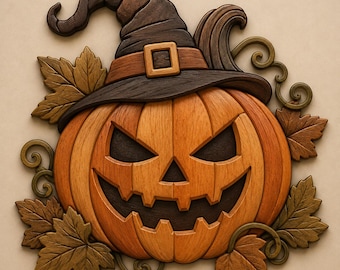 May include: A wooden wall decoration featuring a carved orange pumpkin with a jagged, smiling face wearing a dark brown witch hat. The pumpkin is surrounded by carved wooden autumn leaves and swirling vine accents in shades of brown and tan.