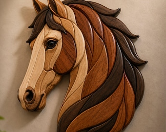 May include: Wooden horse head wall art. The artwork features a detailed mosaic design with various shades of brown and tan wood. The horse's head is depicted in profile, showcasing the mane, eye, and facial features. A decorative piece for home decor.