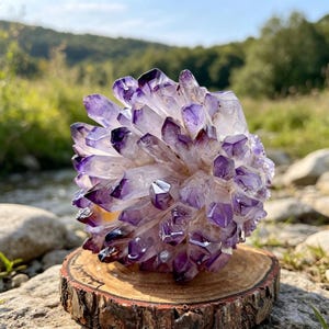 May include: A cluster of amethyst crystals, showcasing deep purple and translucent hues. The crystals are arranged in a spherical shape and rest on a small, round wooden base. The background features a natural outdoor setting with a river and greenery.
