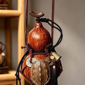 May include: A brown, mottled, gourd-shaped vessel suspended by dark brown cords. It features a central turtle shell ornament, two metallic coins, a small bell, and a black tassel. The top is capped with a curved wooden piece and black cord knots.