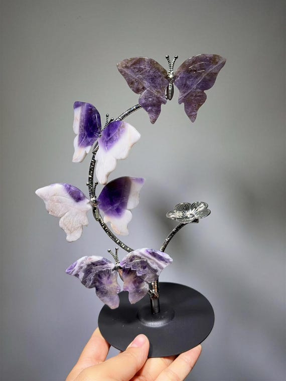 Hand Carved Crystal Butterfly Sculpture, Gemstone Tree Decor, Healing Stone Ornament