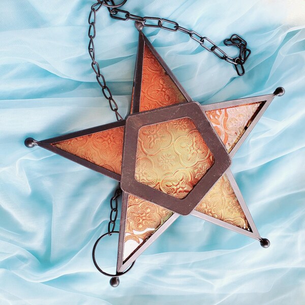 Hanging Moroccan Candle Lantern Star with Textured Glass