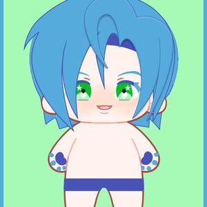May include: A cartoon illustration of a character with blue hair and green eyes. The character is wearing blue swim trunks and has blue paw prints on the hands and feet. The background is light green with a blue border.