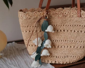 Handmade Crochet Lily of the Valley Bag Charm, Leather and Yarn Flower Pendant for Purse or Keychain, Boho Chic,Gift for her,Gift for mom