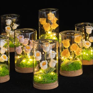 Puede incluir: Varios cilindros de vidrio con flores de ganchillo y luces de hadas. Las flores son blancas, amarillas y rosas, con musgo verde en la base. Los cilindros tienen bases de corcho y están iluminados con luces blancas cálidas.