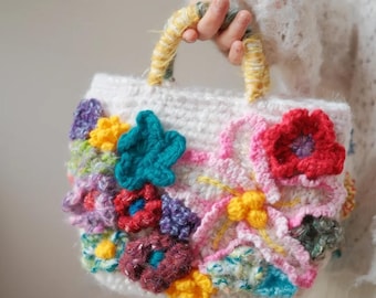 Handmade 3D Flower Crochet Bag, Vintage Boho Tote, Colorful Textured Knit Purse, Unique Artisan Handbag, Mother's Day Gift for Mom