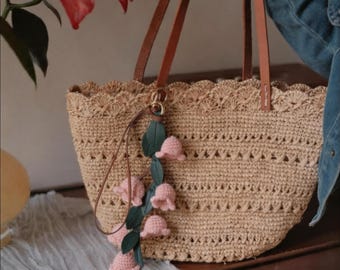 Handmade Raffia Tote Bag with Leather Lily of the Valley Charm Set, Crochet Beach Bag with Lining, Boho Purse Gift for Her