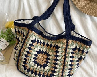 Handmade Crochet Tote Bag, Vintage Granny Square Shoulder Bag, Boho Chic Women's Purse, Navy Blue Trim, Perfect for Beach and Daily Use