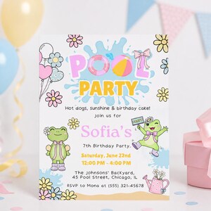 May include: A colorful pool party invitation with the text "POOL PARTY" in pastel colors. The invitation includes illustrations of a beach ball, a frog, flowers, and balloons. The invitation is for Sofia's 7th birthday party.