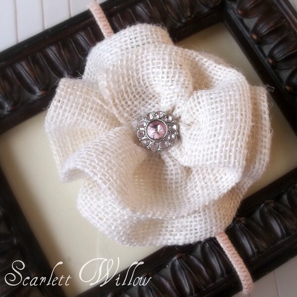 Rustic Burlap Headband in White - Embellished with Pink Rhinestone Center - One Size