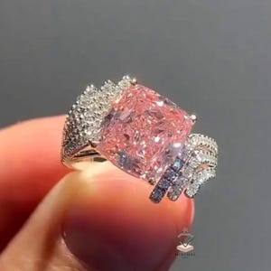 Anillo llamativo de moissanita rosa talla cojín, brillo cultivado en laboratorio, engaste pavé tipo halo, plata de ley u oro blanco, anillo de compromiso o cóctel.