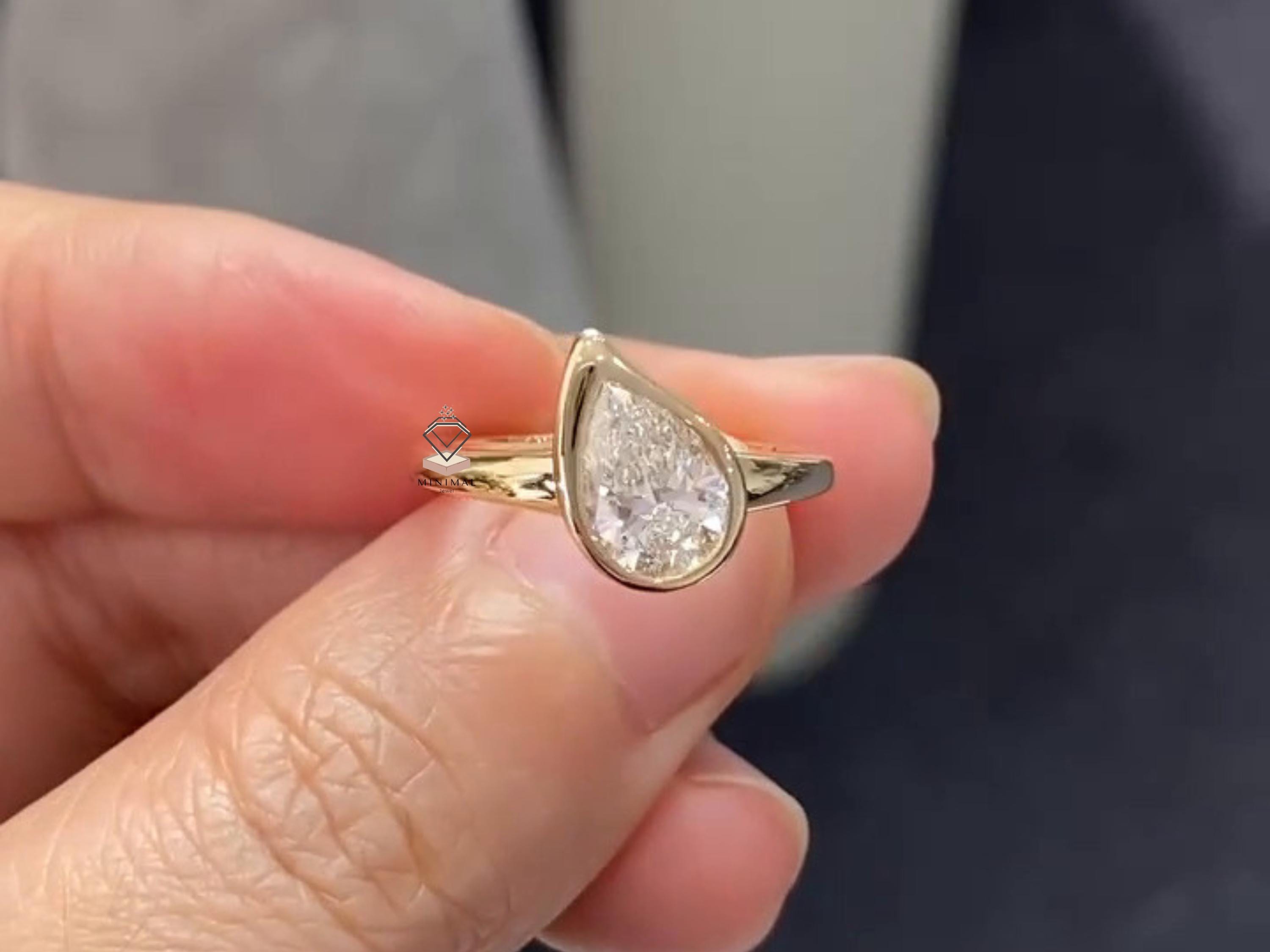 Pear Solitaire Diamond Engagement Ring, Bezel Set Pear Cut, Yellow Gold ...