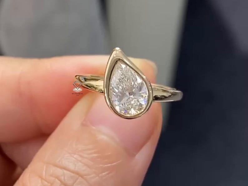 Pear Solitaire Diamond Engagement Ring, Bezel Set Pear Cut, Yellow Gold ...