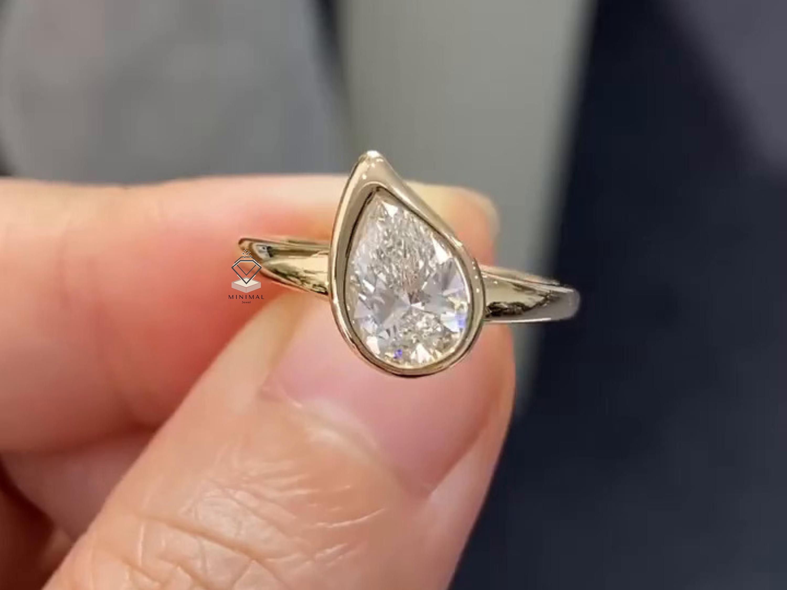 Pear Solitaire Diamond Engagement Ring, Bezel Set Pear Cut, Yellow Gold ...