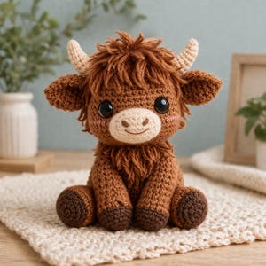 Può includere: Un peluche fatto a mano all'uncinetto a forma di mucca delle Highlands. La mucca marrone ha grandi occhi neri, piccole corna beige e un muso marrone chiaro. Il peluche è seduto su un tappetino all'uncinetto color crema. La mucca ha un'espressione sorridente.