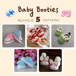 Peut inclure: Une collection de cinq chaussons pour bébés au crochet, de styles et de couleurs variés. L'image comprend des baskets bleues et roses, des chaussons en forme de renard orange, des sandales vertes et des chaussons en forme de lapin blanc. Le texte "Baby Booties Bundle 5 Pattern" est affiché en haut.