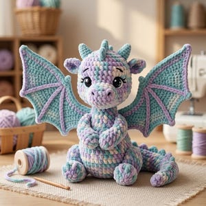 Puede incluir: Un dragón de ganchillo hecho a mano en tonos azules, morados y blancos. El dragón tiene grandes alas, una cola larga y ojos grandes. El dragón está sentado sobre una superficie neutra, con hilo y un ganchillo cerca.