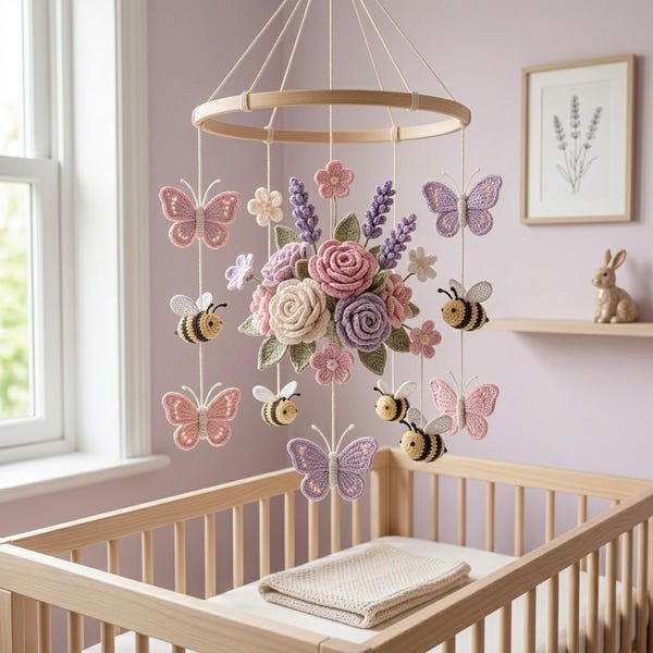 Crochet Garden Mobile Pattern, Roses Butterflies Bees Lavender (PDF Download)