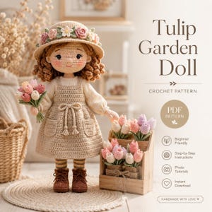 Patrón de muñeca de ganchillo Jardín de tulipanes, tutorial de amigurumi Niña de las flores (descarga en PDF)