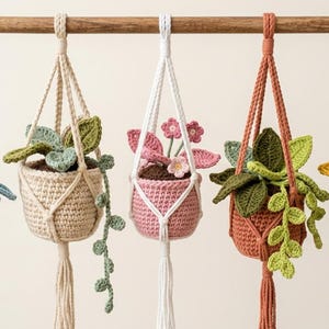 Può includere: Cinque portavasi all'uncinetto fatti a mano in vari colori, ciascuno con una pianta all'uncinetto. I colori includono blu, beige, rosa, arancione e grigio. Le piante hanno accenti verdi, rosa e gialli. I portavasi sono sospesi a un'asta di legno.
