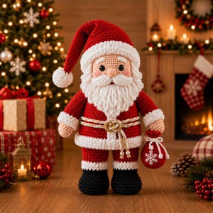 Könnte beinhalten: Eine gehäkelte Weihnachtsmann-Puppe mit rotem Anzug und weißem Besatz, passender Mütze mit weißem Bommel, dichtem weißem Bart, schwarzen Stiefeln und einem goldenen Kordelgürtel. Die Figur hält einen kleinen roten Beutel mit weißem Schneeflockenmotiv.