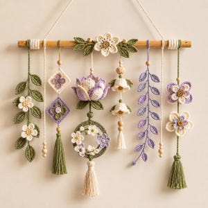 Patrón de tapiz de pared a crochet en PDF / Tutorial de macramé floral bohemio con diseño de loto (nivel intermedio)
