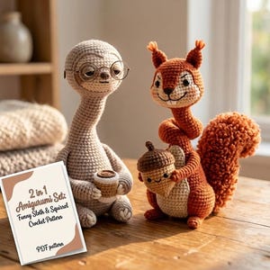 May include: Crocheted amigurumi set featuring a sloth wearing glasses and a squirrel holding an acorn. The sloth holds a small cup. A card in the foreground reads "2 in 1 Amigurumi Set: Funny Sloth & Squirrel Crochet Pattern".