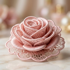 Könnte beinhalten: Eine zarte, rosafarbene Rosenblüte aus Spitze. Das filigrane Design weist detaillierte Blütenblätter und einen gewellten Rand auf. Die Rose ist ein handgefertigter Artikel, perfekt, um jedem Projekt einen Hauch von Eleganz zu verleihen. Der Artikel stammt von Luxe Lace Studio.