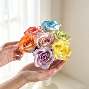 Puede incluir: Un ramo de rosas de cerámica coloridas en tonos naranja, rosa, azul, verde, amarillo y morado. Las flores se presentan en un jarrón blanco. Las rosas están en plena floración, mostrando sus detallados pétalos.