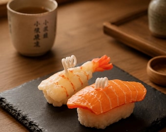 Juego de velas de sushi hechas a mano, pegatina personalizada para la mecha, vela de comida japonesa, vela de sushi realista, decoración de comida falsa, sushi de salmón y camarones