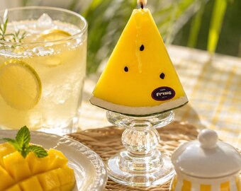 Vela de sandía realista hecha a mano, pegatina personalizada para la mecha, vela de sandía amarilla, vela de sandía roja, vela de fruta artificial