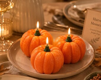 Vela de calabaza realista hecha a mano, pegatina personalizada para la mecha, decoración de comida falsa, vela de pastel de calabaza, vela de cera de soja, decoración de Halloween