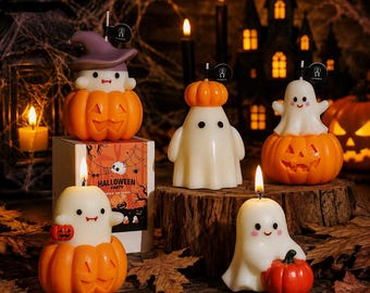Handmade Halloween Ghost Candle, Personalized Wick Sticker, Cute Pumpkin Candle, Kawaii Spooky Candle, Ghost Decor, Halloween Gift