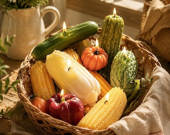 Colección de velas artesanales con motivos vegetales, pegatina personalizada para la mecha, velas realistas con motivos vegetales, juego de velas de mercado agrícola, decoración de cocina.