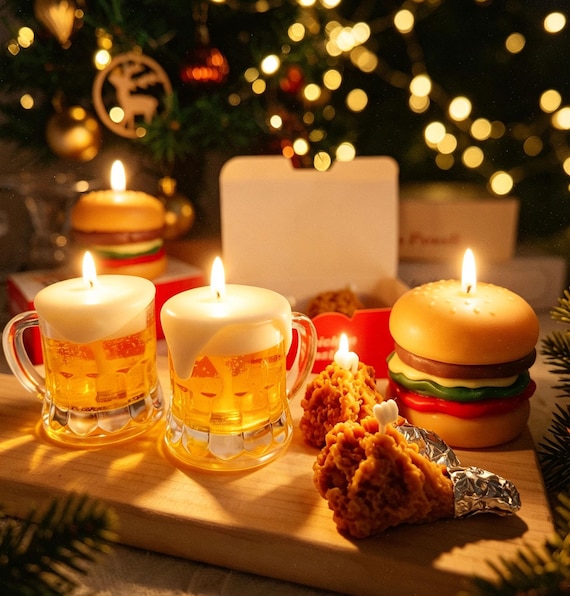 Handmade soy wax candles sculpted to look exactly like a beer mug or fried chicken — the kind of trompe-l'oeil fake food that makes people do a double-take.